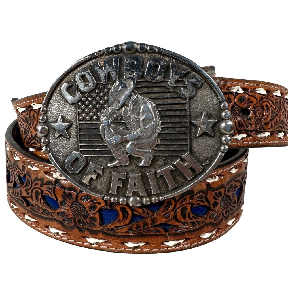 Nocona Belt Co Mens Brown Tooled Leather Belt Cowboys of Faith Buckle Western 38